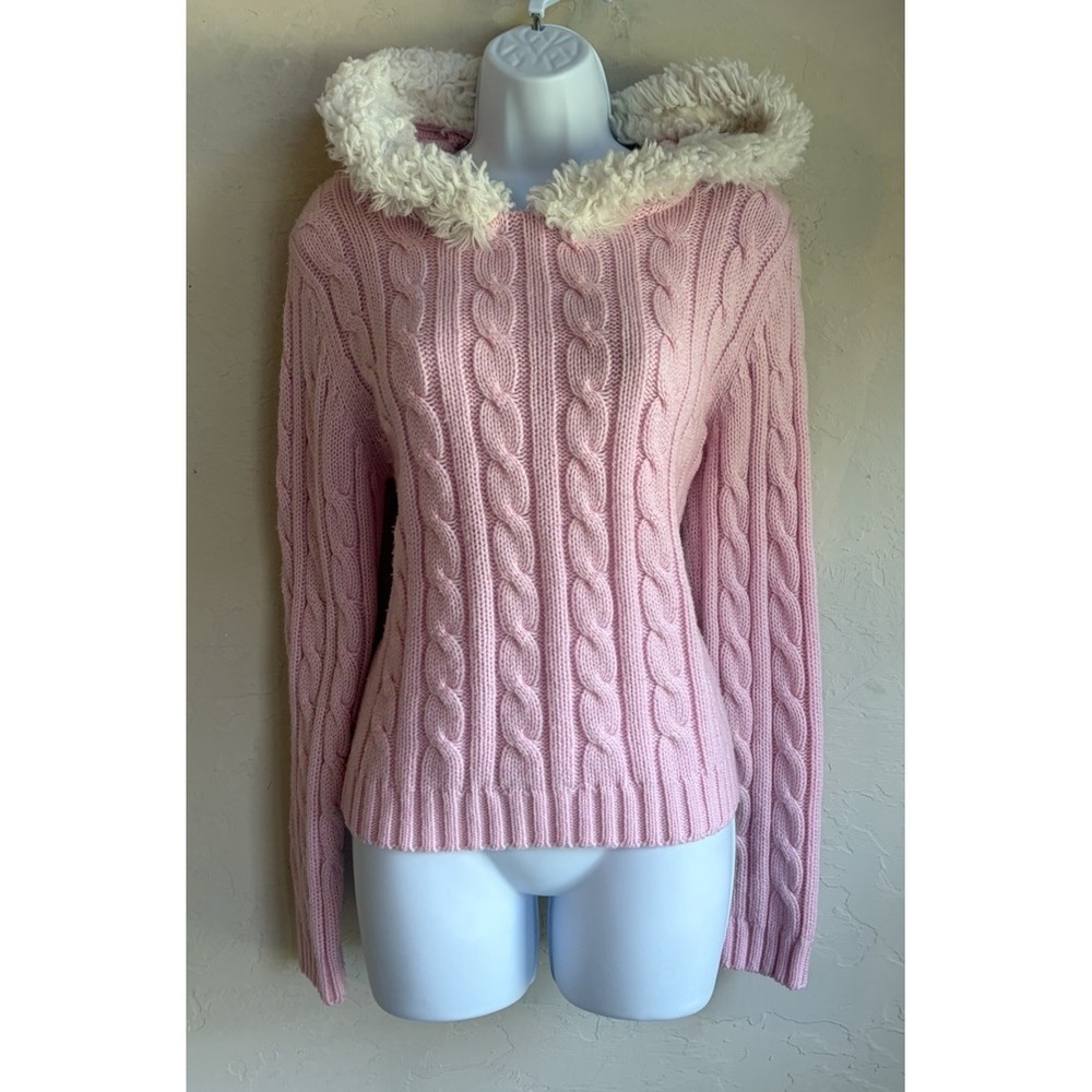Vintage Y2K Decoded Pink Cable Knit Sweater Hoodie L Faux Fur Preppy Coquette